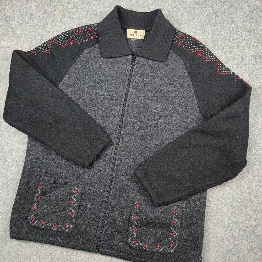 Woolrich Sweatshirt Womens Large Gray Fair Isle Full‎ Zip 100% Wool Sweater